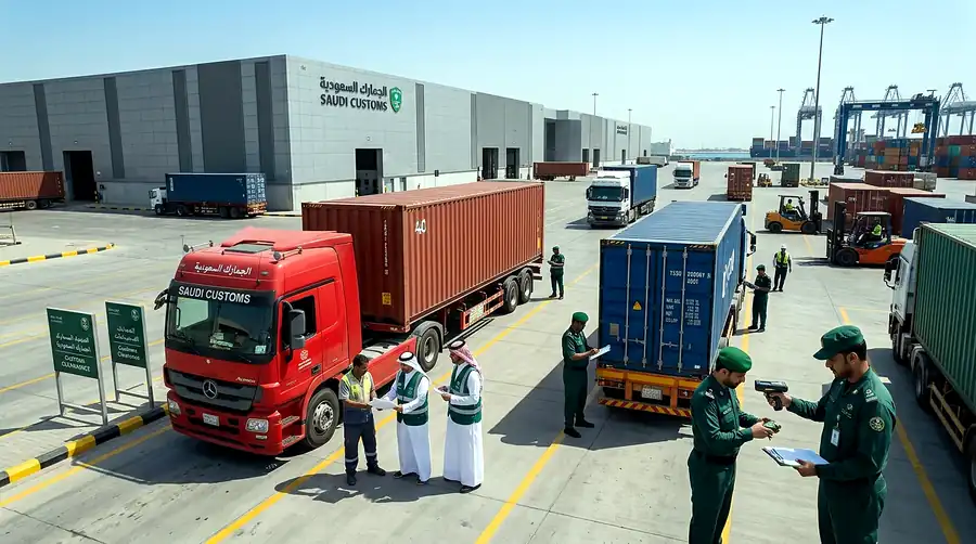 Saudi customs clearance area with containers and trucks